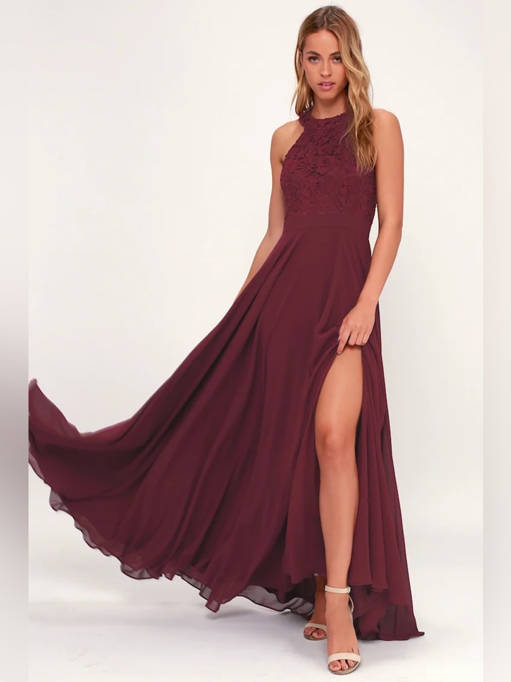 Lulus Burgundy Crochet Lace Chiffon Maxi Formal Dress Size M